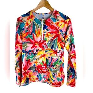 Hurley Colorful Tropical Floral Long Sleeve Rash Guard UPF 50+ 1/4 Zip Size S